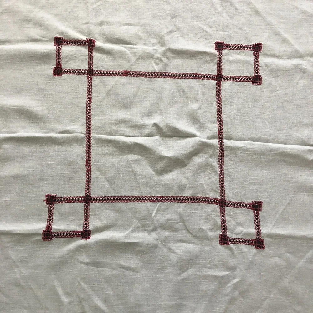 Vintage White Red Linen Cutwork Tablecloth Bed Side Table 31